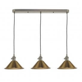 HADANO retro style antique chrome 3 light ceiling bar pendant with aged brass coolie shades