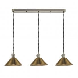 HADANO retro style antique chrome 3 light ceiling bar pendant with aged brass coolie shades