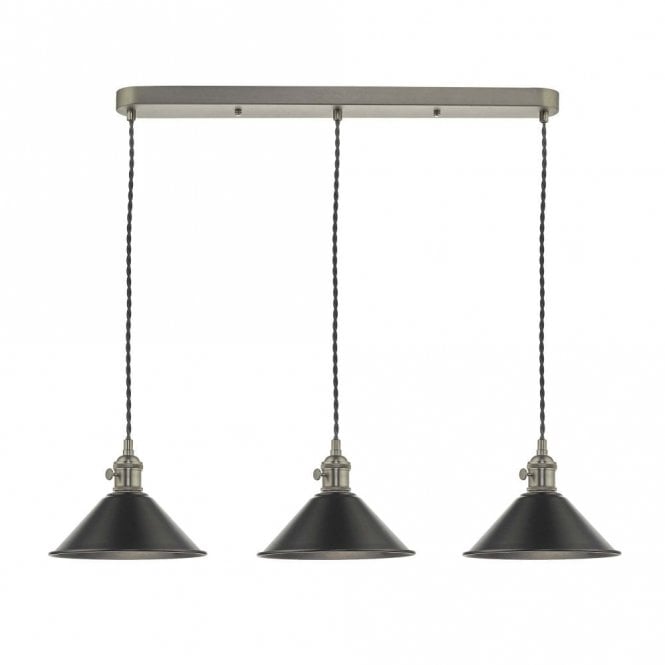 HADANO retro style antique chrome 3 light ceiling bar pendant with antique pewter coolie shades