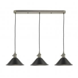 HADANO retro style antique chrome 3 light ceiling bar pendant with antique pewter coolie shades