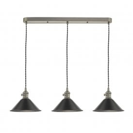 HADANO retro style antique chrome 3 light ceiling bar pendant with antique pewter coolie shades