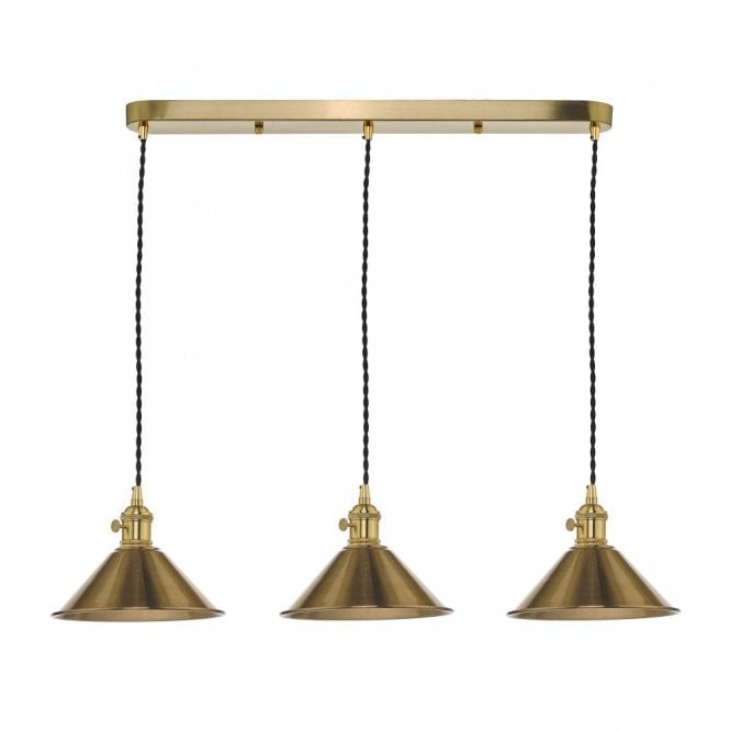 HADANO retro style natural brass 3 light ceiling bar pendant with aged brass coolie shades