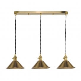 HADANO retro style natural brass 3 light ceiling bar pendant with aged brass coolie shades