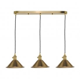 HADANO retro style natural brass 3 light ceiling bar pendant with aged brass coolie shades