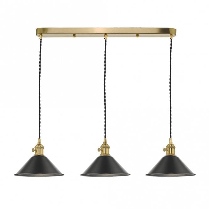 HADANO retro style natural brass 3 light ceiling bar pendant with antique pewter coolie shades