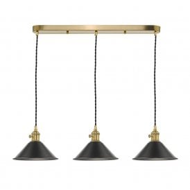 HADANO retro style natural brass 3 light ceiling bar pendant with antique pewter coolie shades