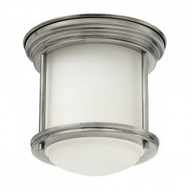 HADRIAN 1 Light Bathroom Flush Mount Ceiling Light | Opal Glass | Antique Nickel