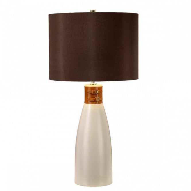 HAMMERSMITH taupe ceramic table lamp with leather detailing and dark brown shade
