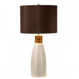 HAMMERSMITH taupe ceramic table lamp with leather detailing and dark brown shade
