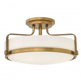 HARPER semi-flush low ceiling light in heritage brass with opal glass shade - medium