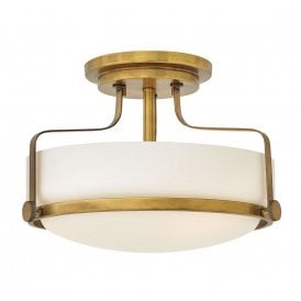 HARPER semi-flush low ceiling light in heritage brass with opal glass shade - small