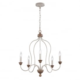 HARTSVILLE 5 light chandelier in chalk washed finish with beech accents