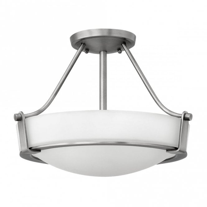 HATHAWAY semi-flush fitting opal glass ceiling light with antique nickel frame - small