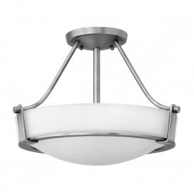 HATHAWAY semi-flush fitting opal glass ceiling light with antique nickel frame - small