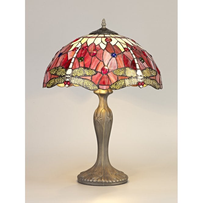 HAZEL Tiffany 2 Light Curved Table Lamp 40cm Purple, Pink, Crystal, Antique Brass