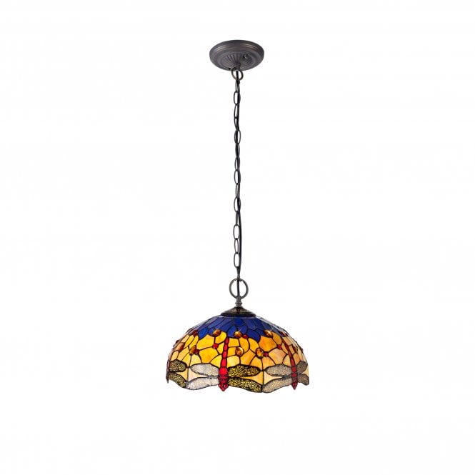 HAZEL Tiffany 2 Light Downlighter Ceiling Pendant Light 40cm Blue, Orange, Crystal, Antique Brass