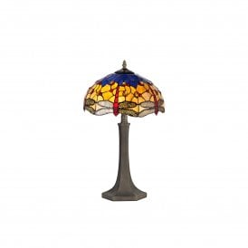 HAZEL Tiffany 2 Light Octagonal Table Lamp 40cm Blue, Orange, Crystal, Antique Brass