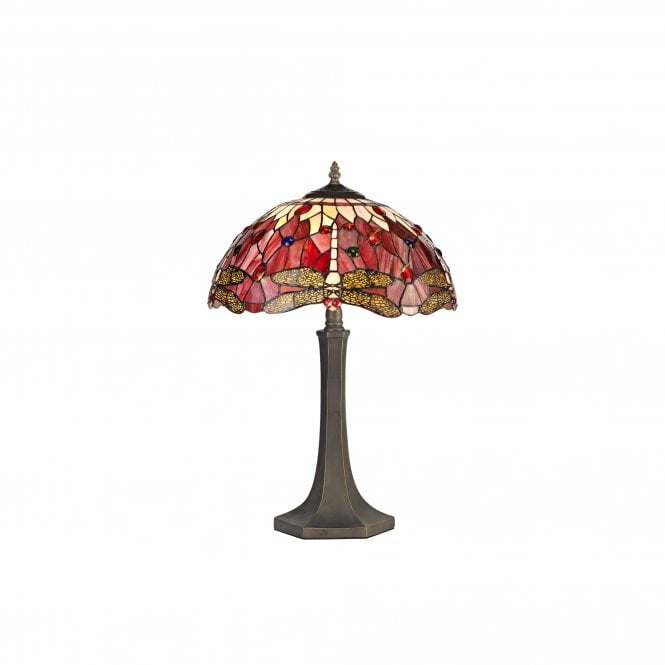 HAZEL Tiffany 2 Light Octagonal Table Lamp 40cm Purple, Pink, Crystal, Antique Brass