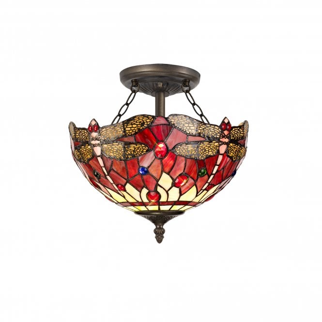 HAZEL Tiffany 2 Light Semi-Flush Ceiling 30cm Purple, Pink, Crystal, Antique Brass