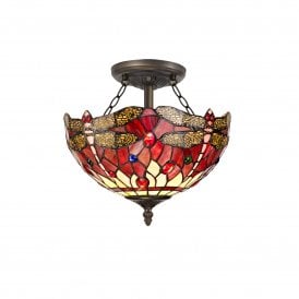 HAZEL Tiffany 2 Light Semi-Flush Ceiling 30cm Purple, Pink, Crystal, Antique Brass