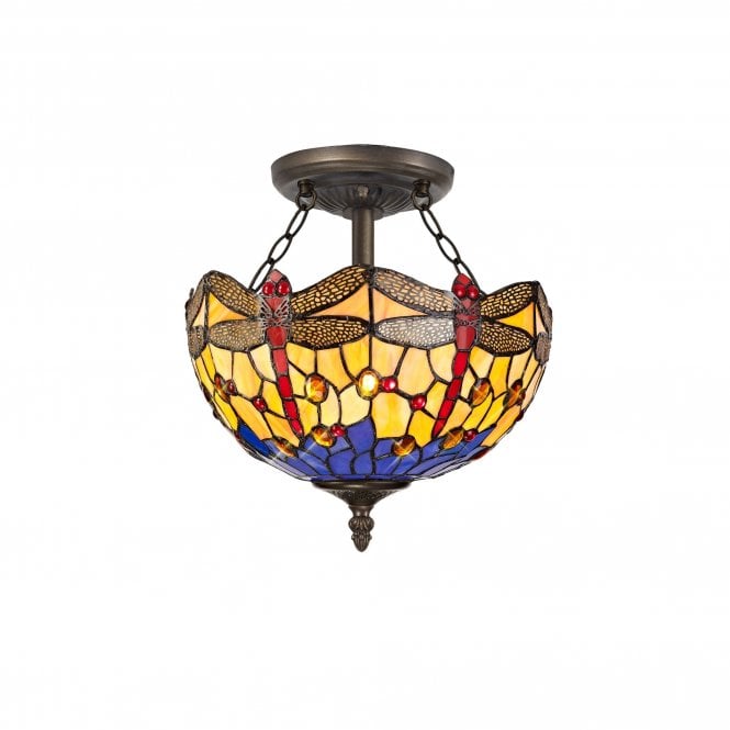 HAZEL Tiffany 2 Light Semi-Flush Ceiling Light 30cm Blue, Orange, Crystal, Antique Brass