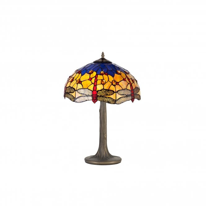HAZEL Tiffany 2 Light Tree Like Table Lamp 40cm Blue, Orange, Crystal, Antique Brass