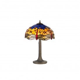 HAZEL Tiffany 2 Light Tree Like Table Lamp 40cm Blue, Orange, Crystal, Antique Brass