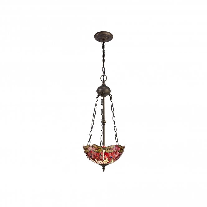 HAZEL Tiffany 2 Light Uplighter Ceiling Pendant 30cm Purple, Pink, Crystal, Antique Brass