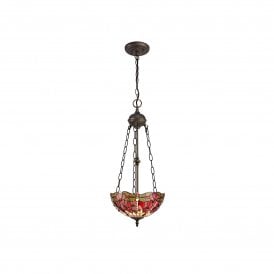 HAZEL Tiffany 2 Light Uplighter Ceiling Pendant 30cm Purple, Pink, Crystal, Antique Brass