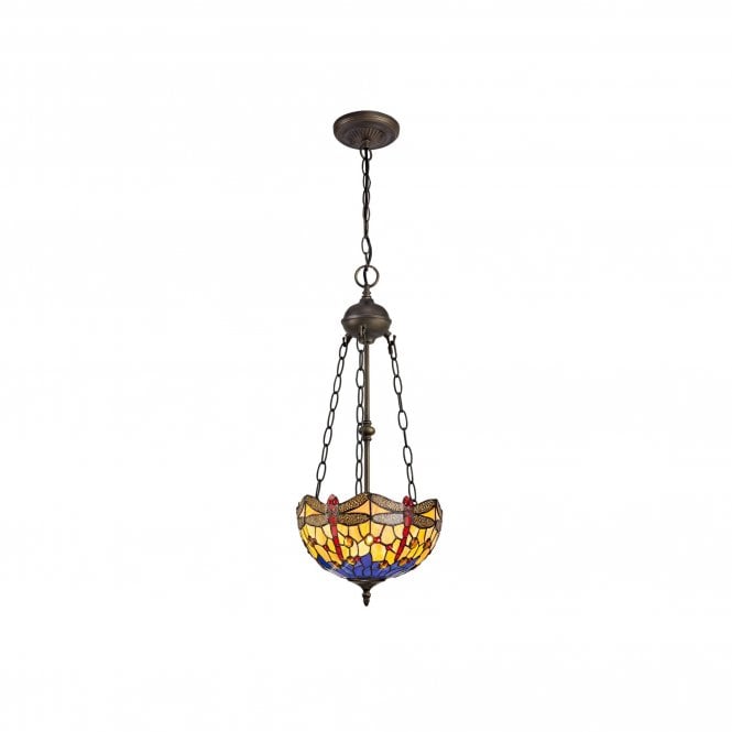 HAZEL Tiffany 2 Light Uplighter Ceiling Pendant Light 30cm Blue, Orange, Crystal, Antique Brass