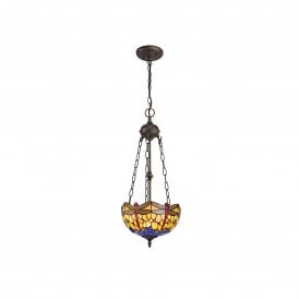 HAZEL Tiffany 2 Light Uplighter Ceiling Pendant Light 30cm Blue, Orange, Crystal, Antique Brass
