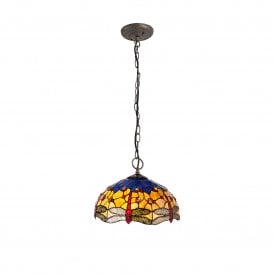 HAZEL Tiffany 3 Light Downlighter Ceiling Pendant Light 40cm Blue, Orange, Crystal, Antique Brass