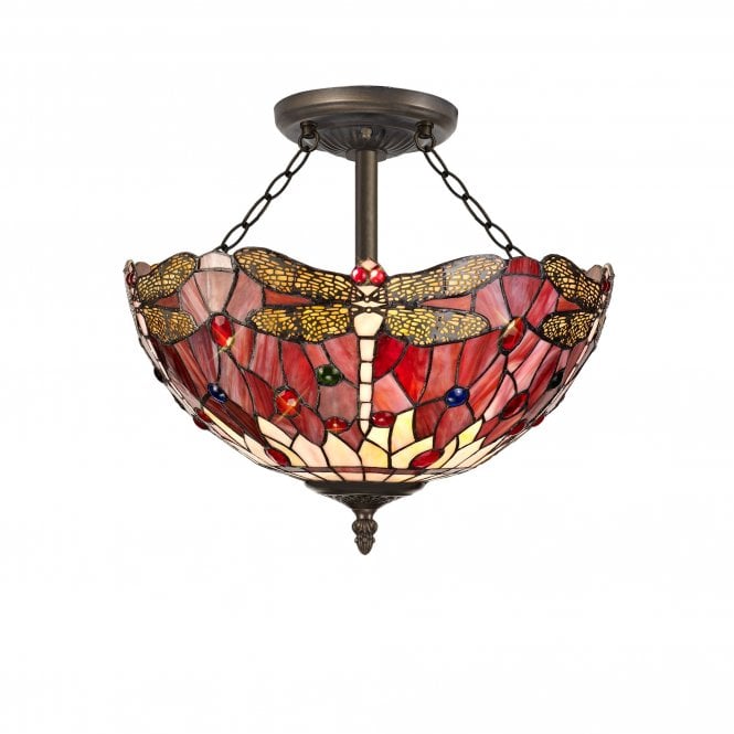 HAZEL Tiffany 3 Light Semi-Flush Ceiling 40cm Purple, Pink, Crystal, Antique Brass