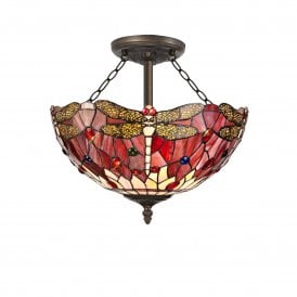 HAZEL Tiffany 3 Light Semi-Flush Ceiling 40cm Purple, Pink, Crystal, Antique Brass