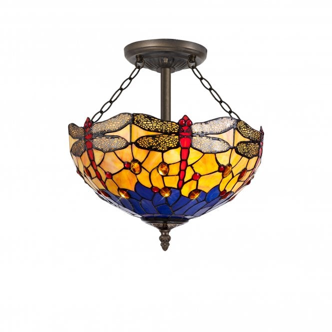 HAZEL Tiffany 3 Light Semi-Flush Ceiling E27 40cm Blue, Orange, Crystal, Antique Brass
