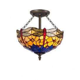 HAZEL Tiffany 3 Light Semi-Flush Ceiling E27 40cm Blue, Orange, Crystal, Antique Brass
