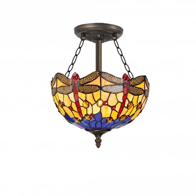HAZEL Tiffany 3 Light Semi-Flush Ceiling Light 30cm Blue, Orange, Crystal, Antique Brass