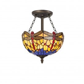 HAZEL Tiffany 3 Light Semi-Flush Ceiling Light 30cm Blue, Orange, Crystal, Antique Brass