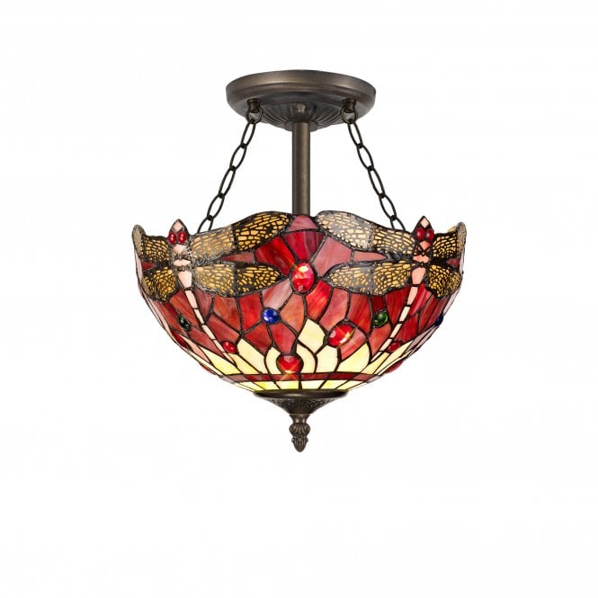 HAZEL Tiffany 3 Light Semi-Flush Ceiling Light 30cm Purple, Pink, Crystal, Antique Brass