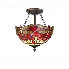 HAZEL Tiffany 3 Light Semi-Flush Ceiling Light 30cm Purple, Pink, Crystal, Antique Brass