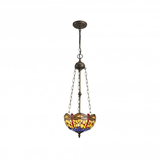 HAZEL Tiffany 3 Light Uplighter Ceiling Pendant Light 30cm Blue, Orange, Crystal, Antique Brass
