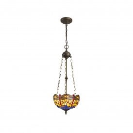 HAZEL Tiffany 3 Light Uplighter Ceiling Pendant Light 30cm Blue, Orange, Crystal, Antique Brass