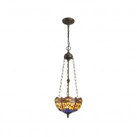 HAZEL Tiffany 3 Light Uplighter Ceiling Pendant Light 30cm Blue, Orange, Crystal, Antique Brass