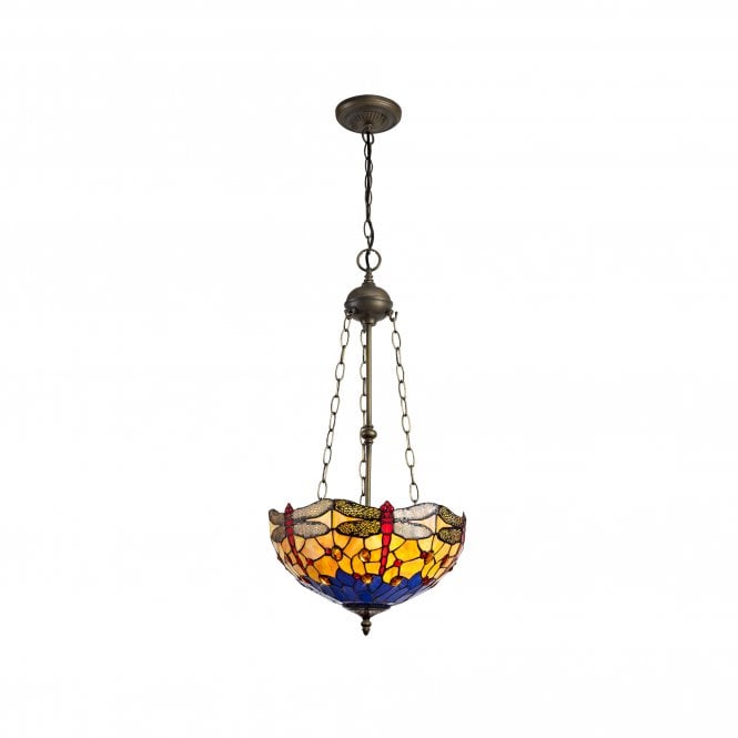 HAZEL Tiffany 3 Light Uplighter Ceiling Pendant Light 40cm Blue, Orange, Crystal, Antique Brass