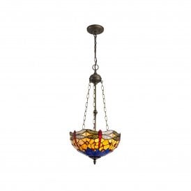HAZEL Tiffany 3 Light Uplighter Ceiling Pendant Light 40cm Blue, Orange, Crystal, Antique Brass