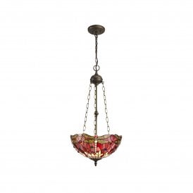 HAZEL Tiffany 3 Light Uplighter Ceiling Pendant Light 40cm Purple, Pink, Crystal, Antique Brass