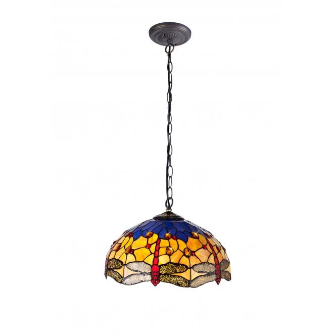 HAZEL Tiffany Downlighter Ceiling Pendant Light 40cm Blue, Orange, Crystal, Antique Brass
