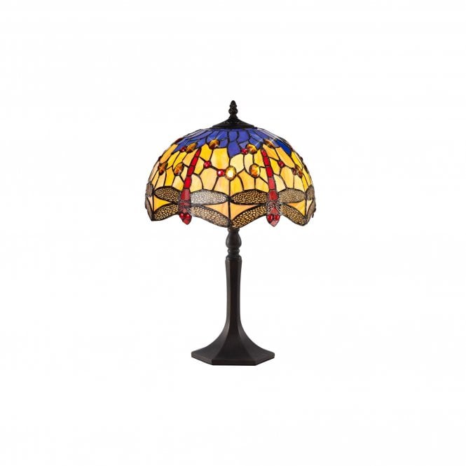 HAZEL Tiffany Octagonal Dragonfly Table Lamp 30cm Blue, Orange, Crystal, Antique Brass