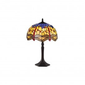 HAZEL Tiffany Octagonal Dragonfly Table Lamp 30cm Blue, Orange, Crystal, Antique Brass