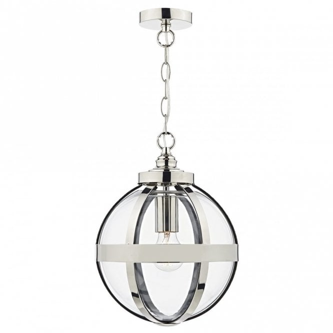 HEATH modern glass globe pendant lantern with a polished nickel frame